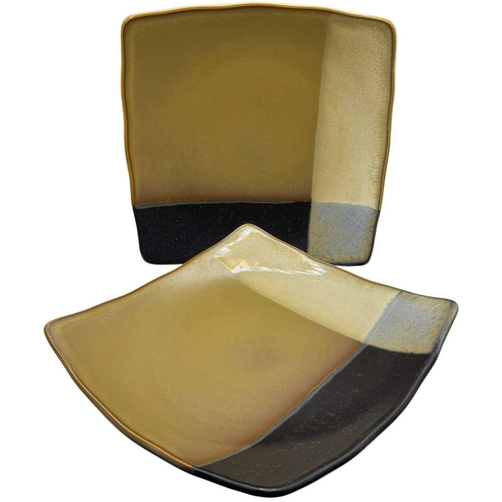 Sango Gold Dust Black 5022 Stoneware Square Dinner Salad Plates Set Of 2 8"